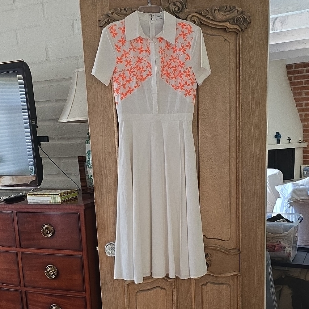 Tanya Taylor Off White Midi Dress with Peter Pan Collar